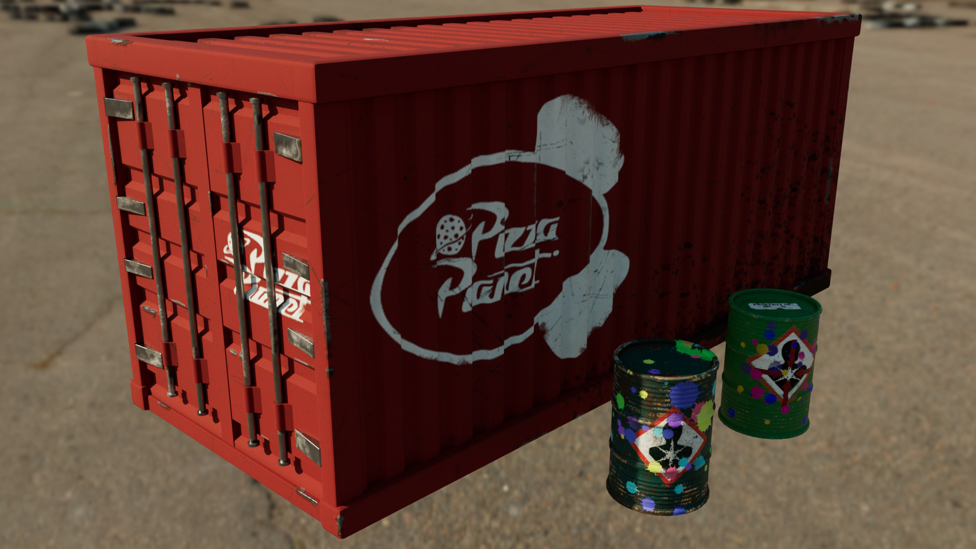 3D Rendered Shipping Containers and Barrel Drums